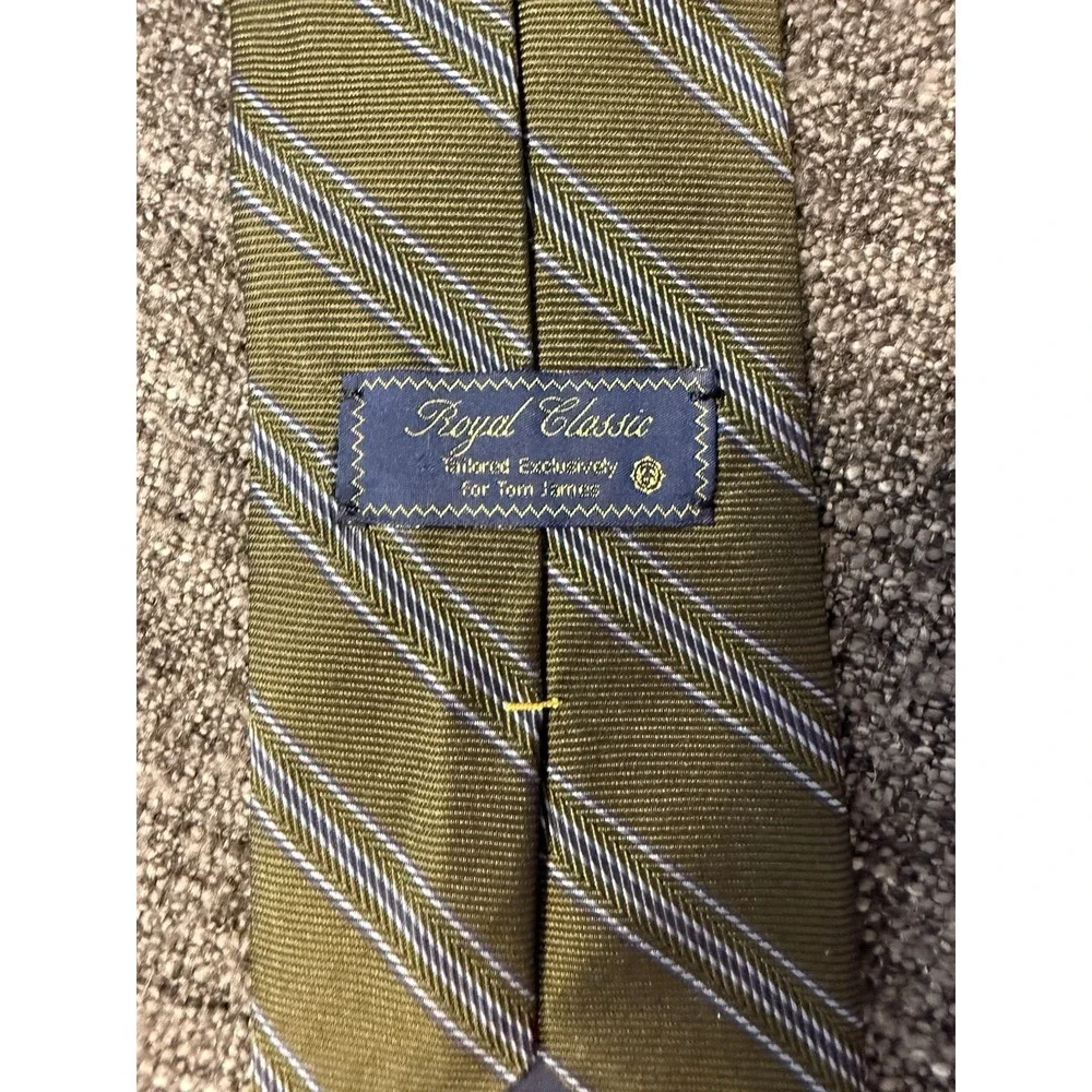 Tom James Royal Classic Silk Striped Tie Olive Green Blue Business Wide Designer